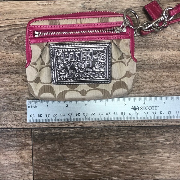 Coach Coin Wallet Wristlet Khaki Hot Pink Leather Trim Silver Logo Plate - Picture 9 of 10